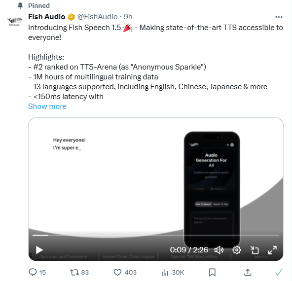 AI配音开口跪！Fish Audio发布 Fish Speech 1.5 新增5种语言，还将上线实时无缝对话功能