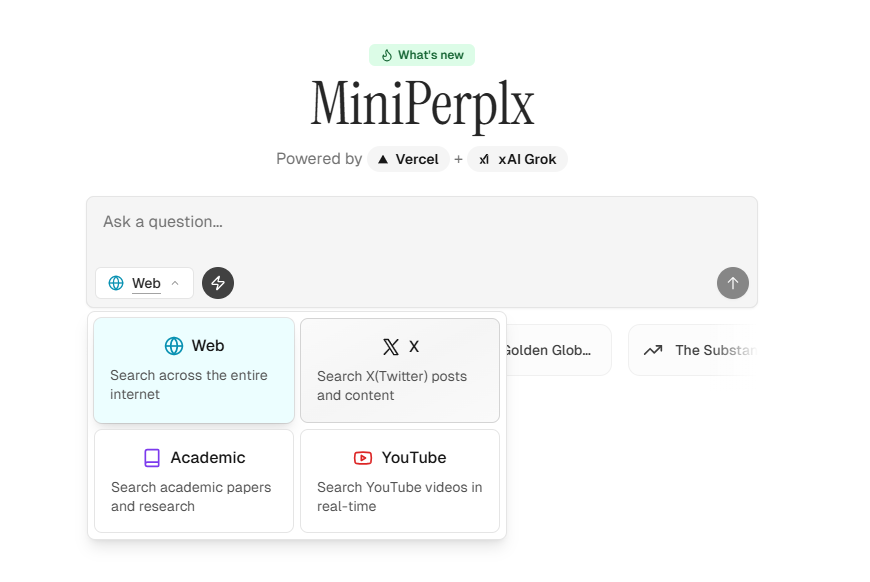 开源AI搜索网站MiniPerplx：由Gork驱动，支持搜索Twitter和YouTube内容